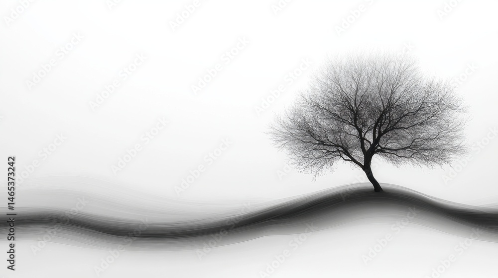 Aufkleber a minimalist abstract tree on the right side of the field, with fluid and soft lines, creating an op