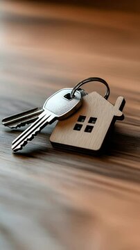 llavero de madera en forma de casa con llaves sobre una mesa