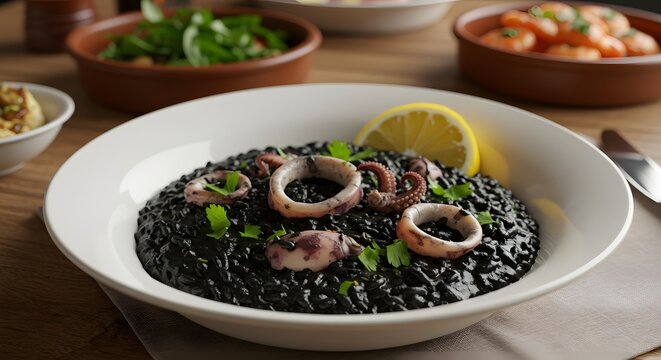Delicious black risotto with squid ink and seafood recipe italian cuisine gourmet dish fine dining experience