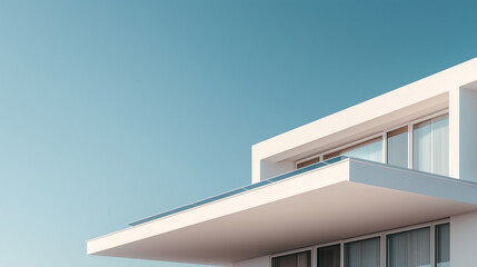 Fototapeta premium Modern house roof with solar panels, sunlit surface, clear blue sky