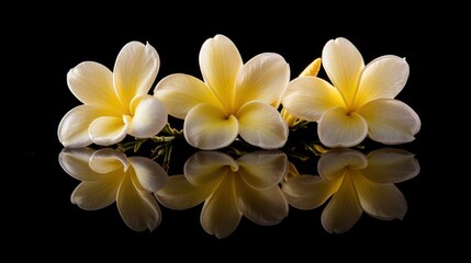 Naklejka premium Three delicate plumeria blossoms mirrored on a dark surface.