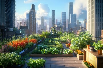 Fototapeta premium Urban rooftop garden panorama view of a city.
