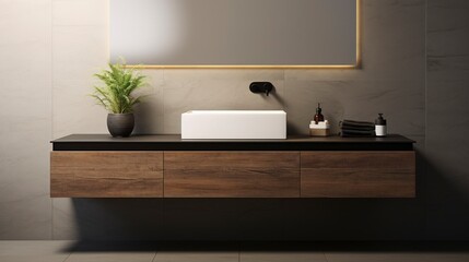 A photo of a sleek floating bathroom vanity.