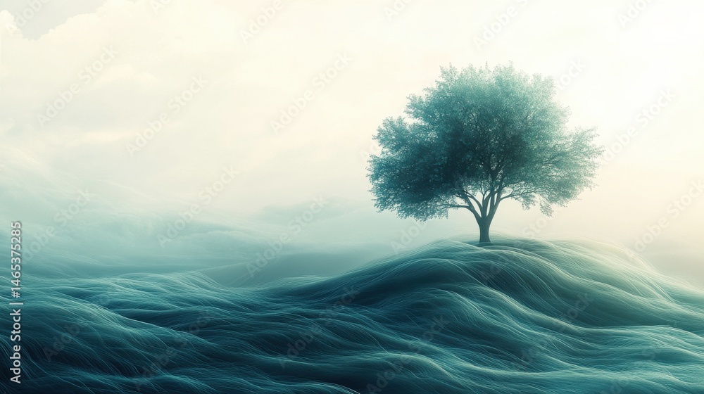Poster a minimalist abstract tree on the right side of the field, with fluid and soft lines, creating an op