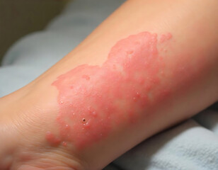 Fototapeta premium Rash showing red skin irritation and allergic reaction on human arm