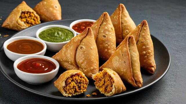 Delicious samosas with various dipping sauces