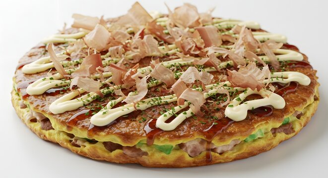 Delicious okonomiyaki japanese savory pancake recipe with toppings and sauce for food lovers delight
