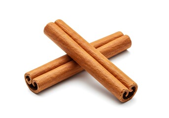 Two cinnamon sticks crossed and isolated on a white background in a close up studio shot image