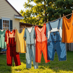 clothes hanging on clothesline in front of house