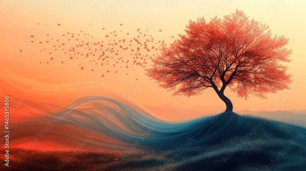 Poster a dreamy, abstract tree silhouette on the right side of the field, with flowing lines and cool color