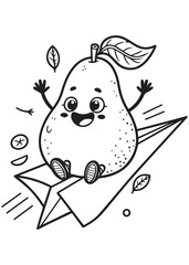 Coloring book cute kawaii pear on a paper airplane