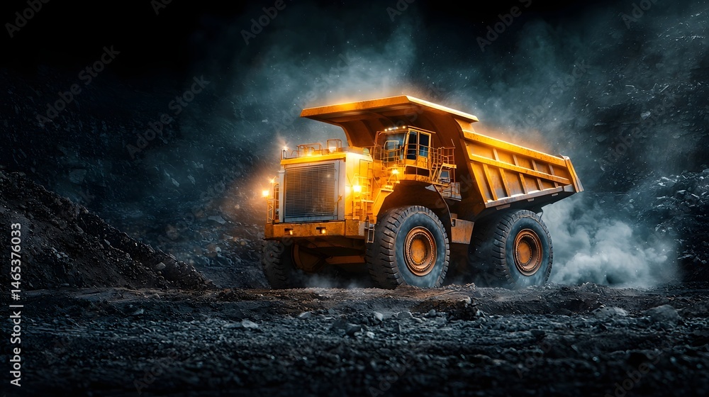 Poster powerful mining dump truck maneuvering through the dark dusty conditions of an active open pit minin