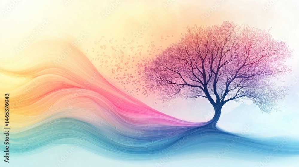 Poster a dreamy, abstract tree silhouette on the right side of the field, with flowing lines and cool color