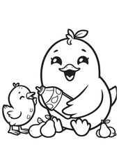 Coloring book chick sharing a giant pear with a smaller chick.