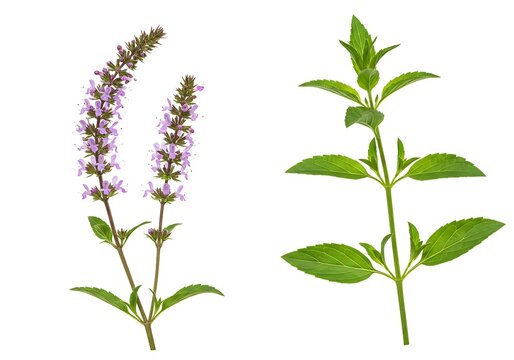 Isolated sprigs of spearmint and flowering mint on a white background in a studio shot setting