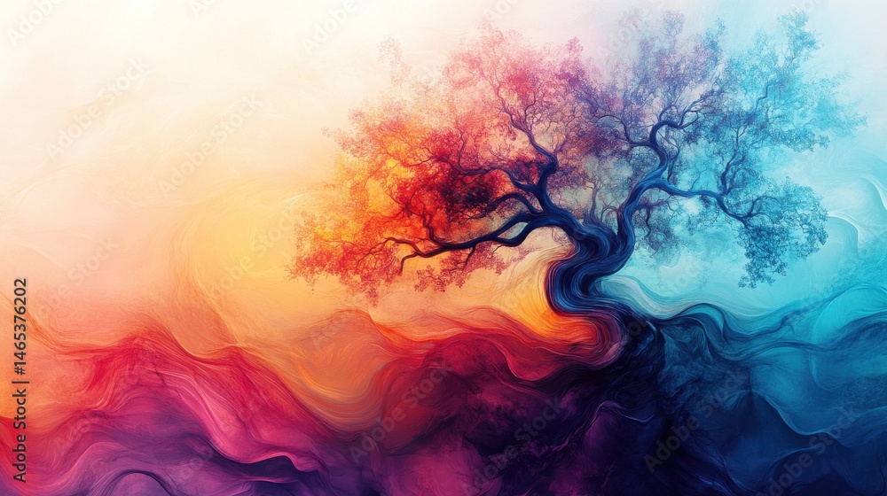 Poster a colorful abstract tree with flowing, organic forms on the right side, set against a clean, soft ba