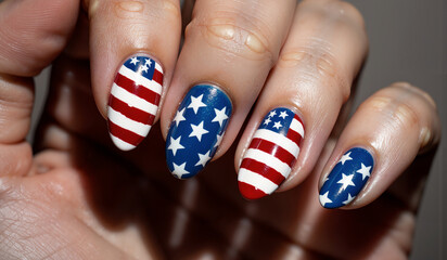 a woman's hand with patriotic nail art