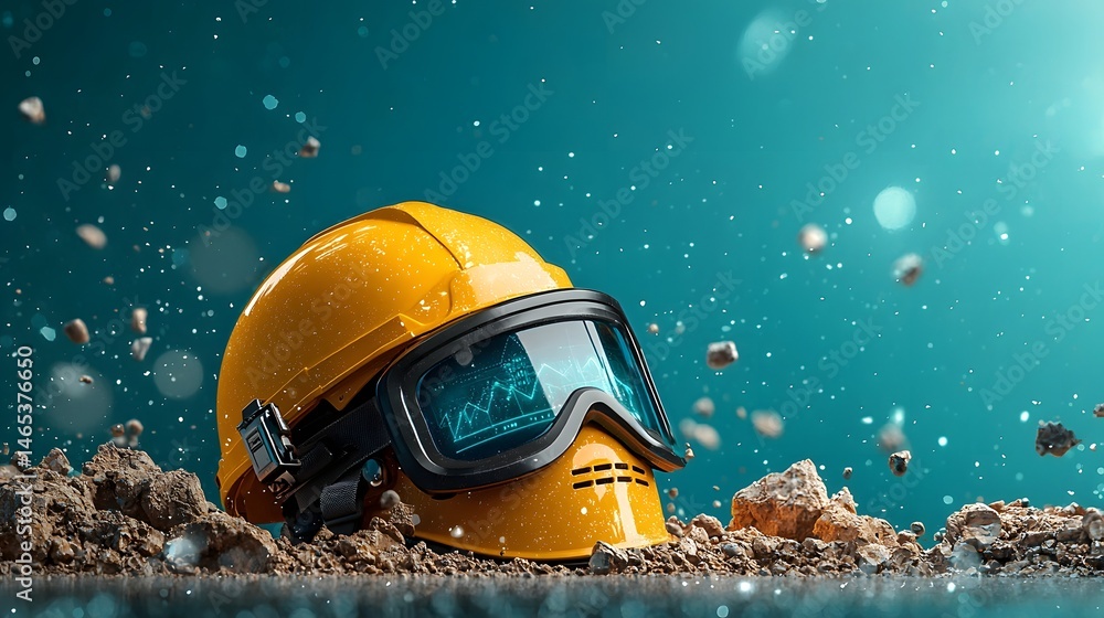 Poster a high tech mining helmet equipped with advanced augmented reality technology displaying holographic