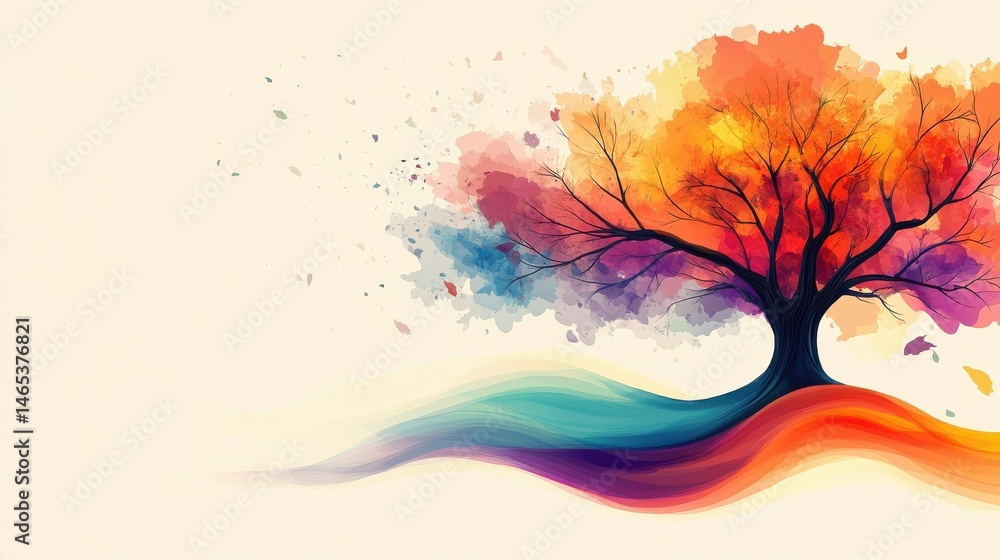 Poster a colorful abstract tree with flowing, organic forms on the right side, set against a clean, soft ba