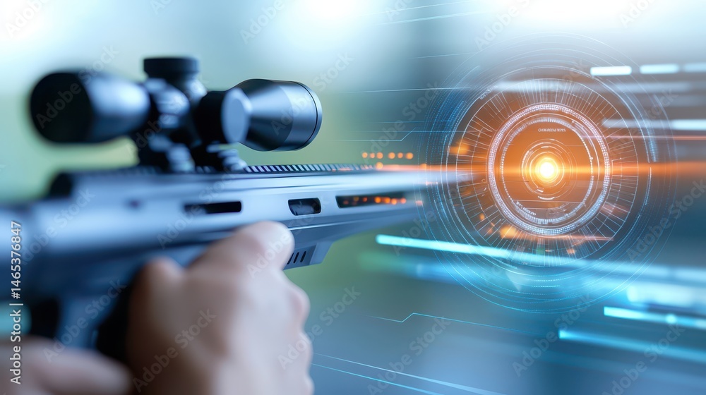 Poster futuristic combat, figure with weapon in advanced technological setting conceptual