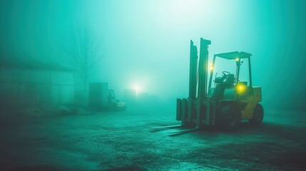 Forklift traversing foggy industrial landscape, a glimpse into challenging visibility operations