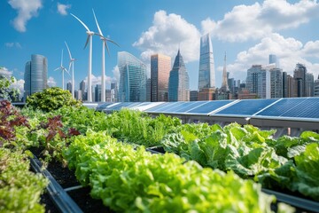 Fototapeta premium Urban rooftop garden with solar panels and wind turbines.