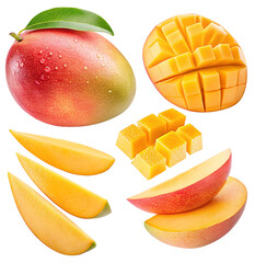 Arrangement of whole and cut mangoes with varying cuts and presentation on a black background on transparent background