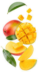 Fresh mango fruit with leaves and sliced pieces on a plain background for a vibrant presentation on transparent background