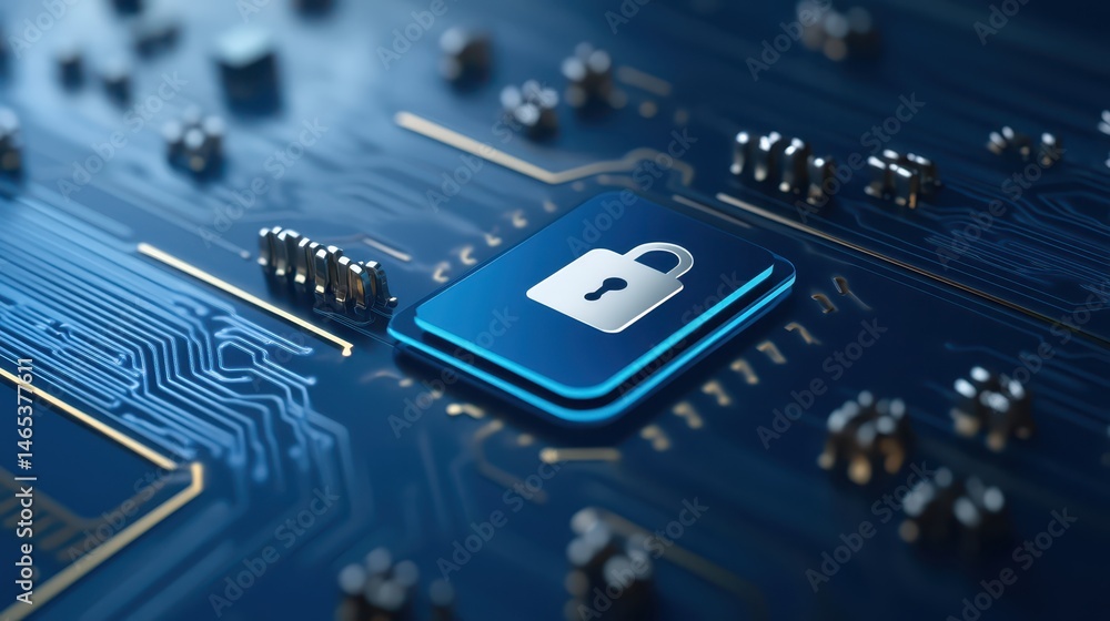Poster data protection, a padlock securing circuit board symbolizing cybersecurity and digital privacy