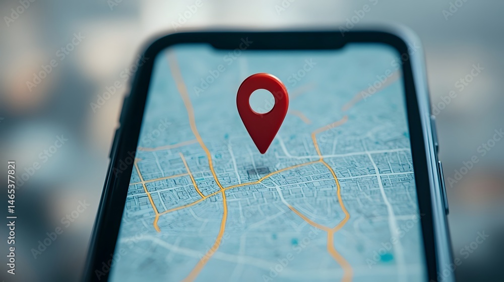 Poster close up view of a digital map on a smartphone screen showing a gps pin dropped on a specific meetin