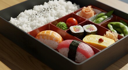 Delicious japanese bento box with sushi, rice, edamame, and other traditional japanese food items for lunch