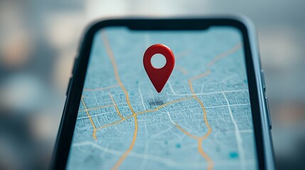 Close up view of a digital map on a smartphone screen showing a GPS pin dropped on a specific meeting point and providing route details and navigation information