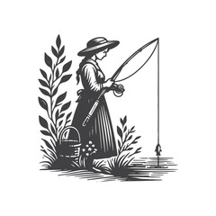 Vintage Hand-Drawn Woman Fishing Illustration – Outdoors Engraved Style Vector for T-Shirts, Posters, Stickers, and Outdoors Apparel