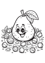 Coloring book pear surrounded by lots of sparkling marbles