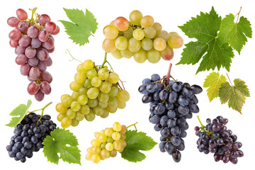 Assorted bunches of red green and purple grapes with leaves on a black background in a still life scene on transparent background