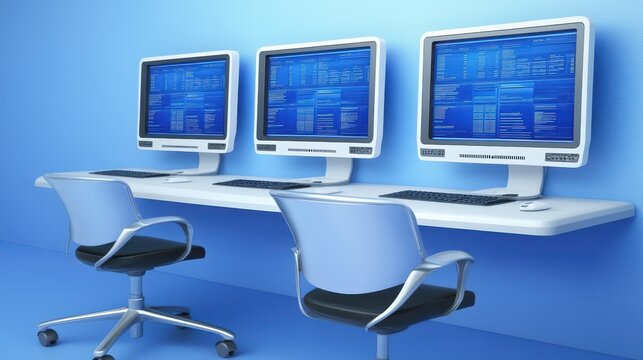 Modern workspace, exploring productivity with three computer screens mounted on a wall