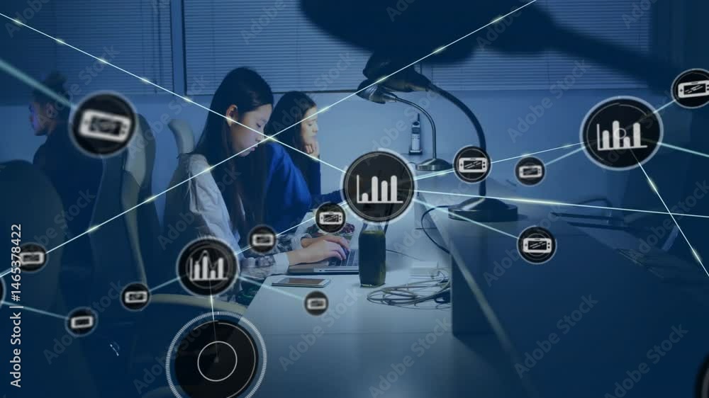 Poster Tech team typing on laptop at open-plan office desk, showing floating data graphs and network lines