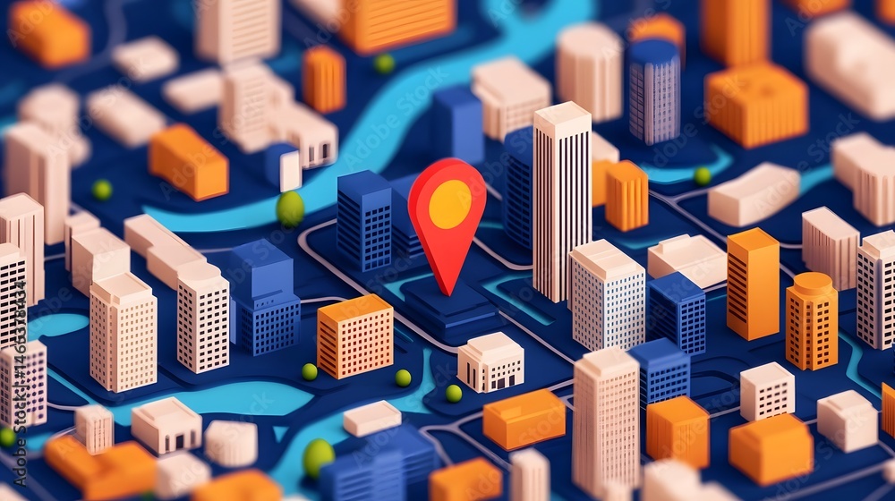 Poster an abstract aerial view of a large vibrant city with a complex network of buildings streets and infr