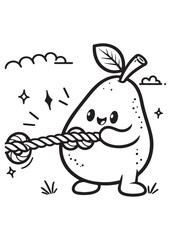 Coloring book pear playing tug-of-war. A cute and energetic scene.