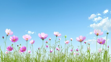 Fototapeta premium Breathtaking landscape of pink flowers blooming under serene blue sky pink