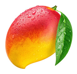 Close up of a fresh mango with water droplets and a green leaf on a black background studio shot on transparent background