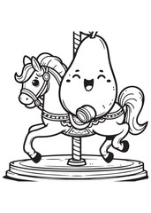 Coloring book  pear riding a horse on a carousel. 