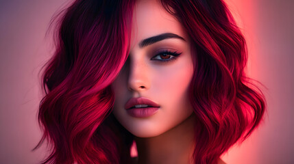 Woman with elegant burgundy balayage, her hair transitioning from dark roots to vibrant red and plum ends, styled in soft waves for a chic, modern look