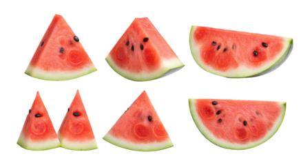 Isolated slices of watermelon with seeds on a black background arranged in a pattern formation on transparent background