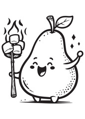 Coloring book pear roasting marshmallows over a sparkling flame
