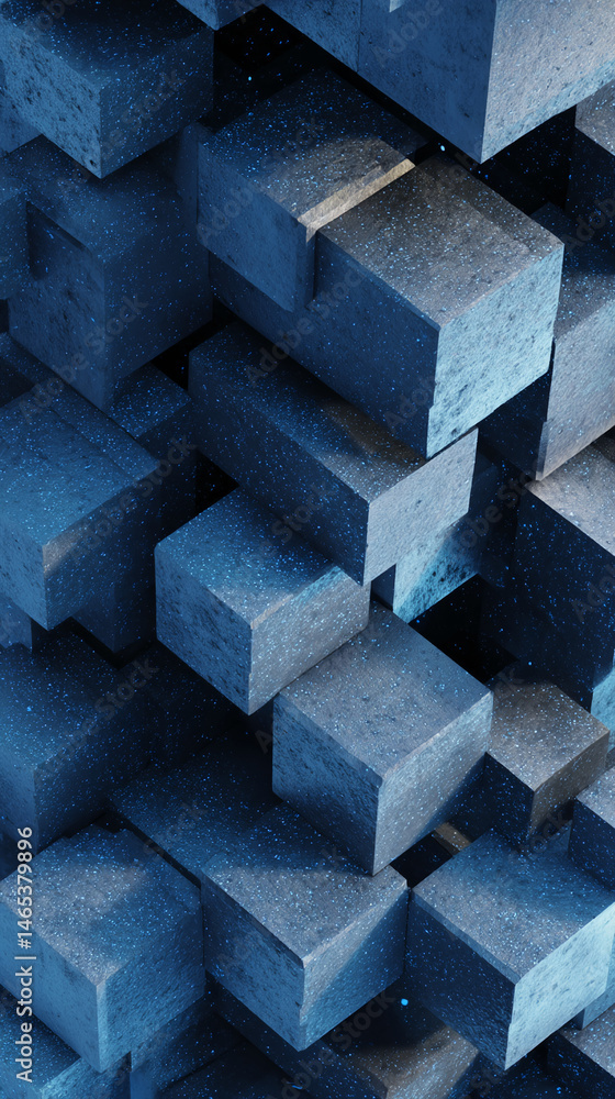 Poster Abstract image of stacked blue cubes, textured surface, creating a depth and geometric pattern, showcasing a modern and abstract design, ideal for a tech or architecture background