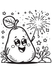 Coloring book pear celebrating with a sparkler amidst stars.
