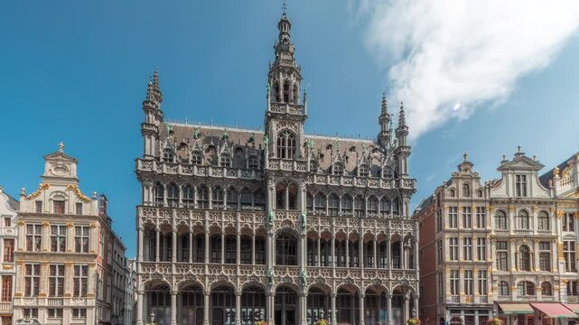 Timelapse hyperlapse of Maison du Roi (King's House) facade at Grand Place, Brussels, Belgium. Gothic-style tenement, former guild hall, now home to Brussels City Museum. UNESCO World Heritage Site