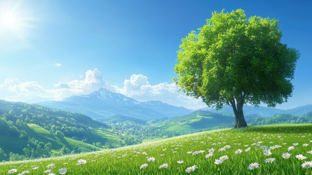 Serene landscape, a solitary tree in vibrant green field under clear sky lush - Powered by Adobe