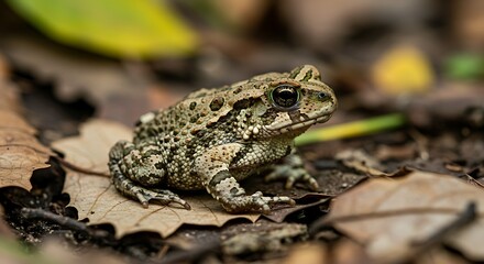 Obraz premium A close-up view reveals a camouflaged toad resting on a bed of fallen autumn leaves